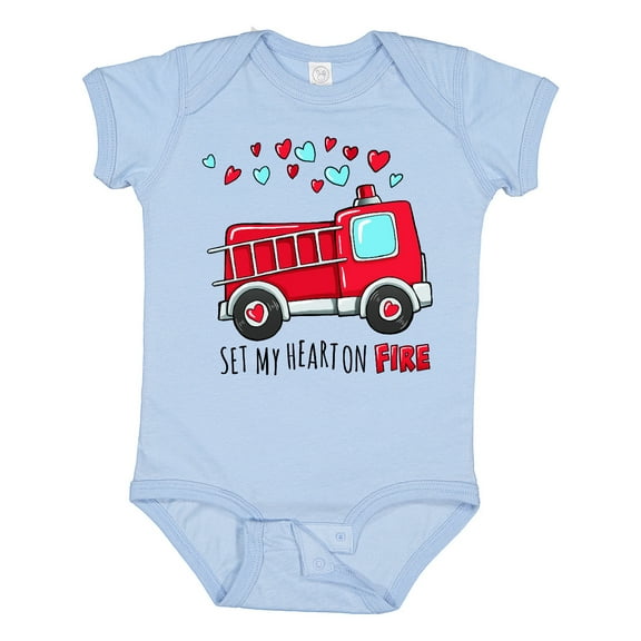 Inktastic Set My Heart on Fire Valentine Fire Truck with Hearts Boys or Girls Baby Bodysuit