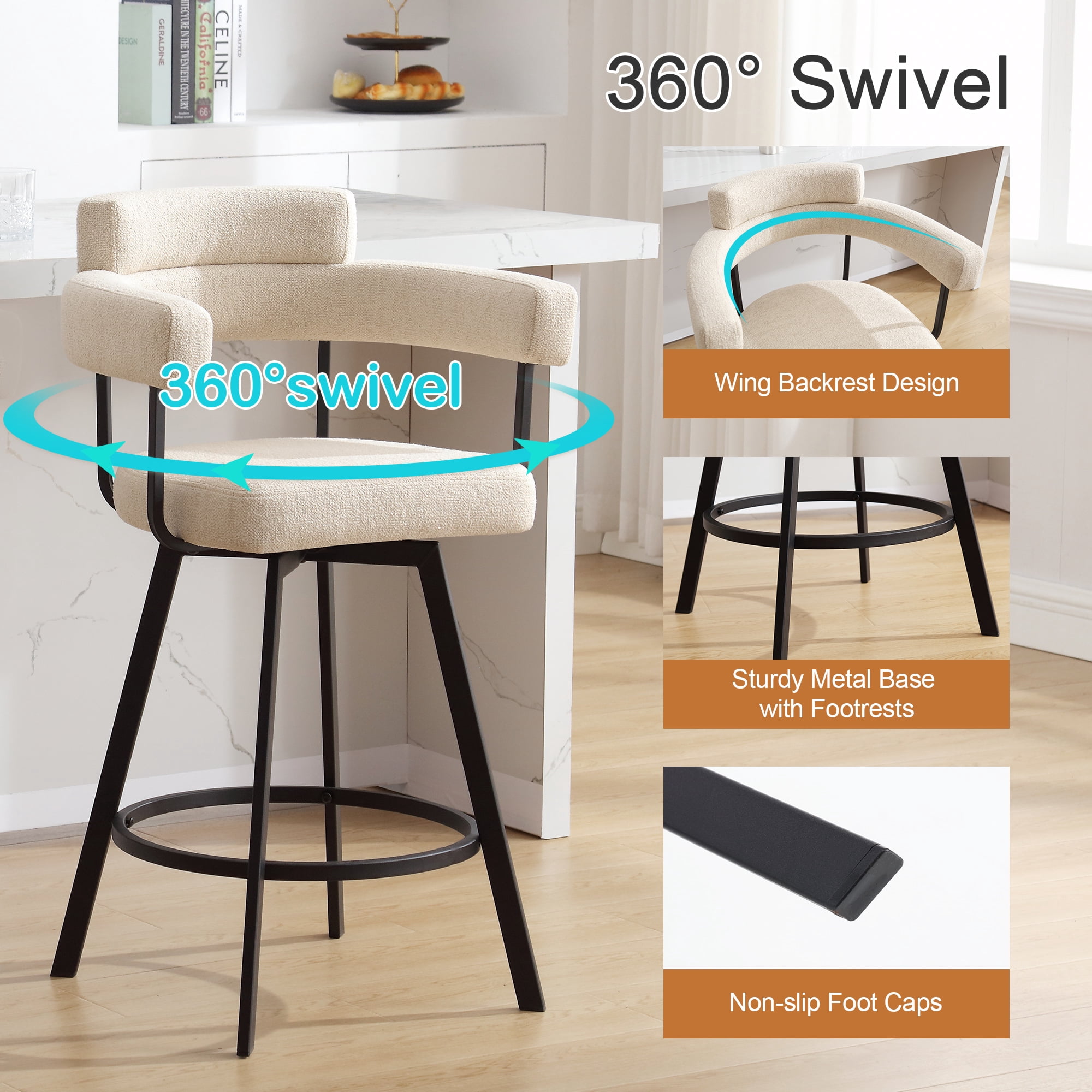 Zesthouse 26" Counter Height Swivel Barstools, Linen Upholstered Bar Stools Set of 2, Metal Base, Beige