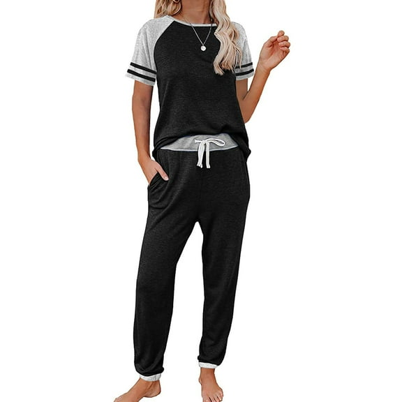 Baqcunre Lounge Sets for Women,Patchwork Short Sleeve O-neck Pullover Leisure Tops Pants Set,Outfits for Women Womens Pajamas Pajama Set Womens Clothes Black L