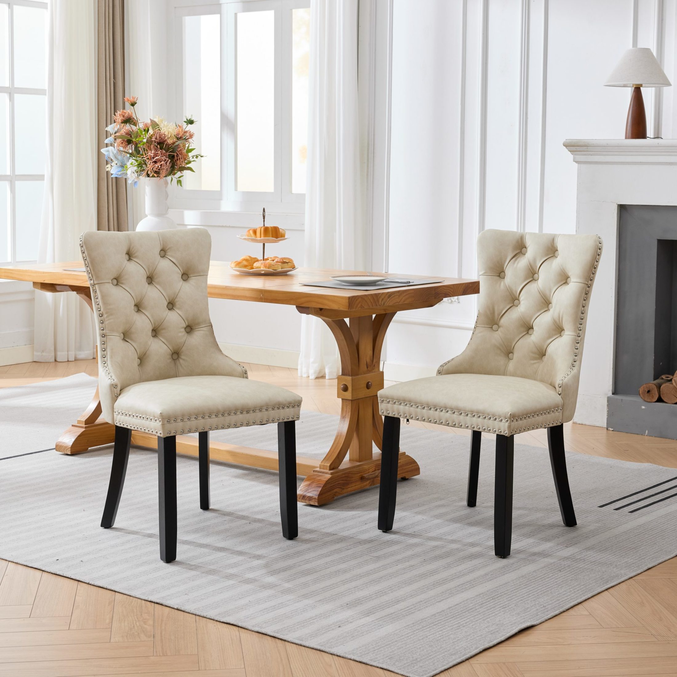 GDF Studio 24.4" Vintage Dining Chairs Set of 2 with PU Upholstery, Button-Tufted High Back, Beige