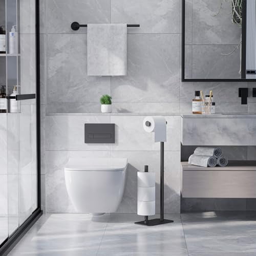 Freestanding Toilet Paper Holder with Large Capacity for 4 Rolls, Rustproof and Stable Base with Non-Slip Design, Medium Size in Black Finish