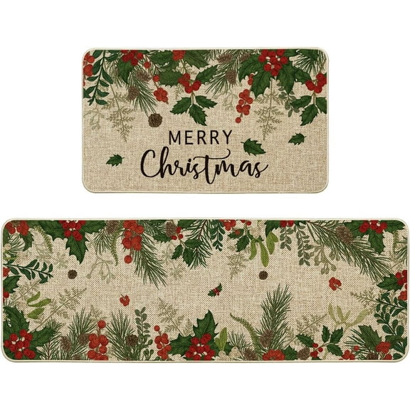 Artoid Mode Leaves Holly Merry Christmas Kitchen Mats Set of 2, Winter Home Decor Low-Profile Kitchen Rugs for Floor - 17x29 and 17x47 Inch