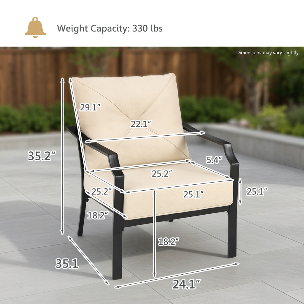 Hommoo 2-Piece Outdoor Dining Chairs Set with Padded Cushions, Black Steel Frame, Rust-Resistant Patio Chairs for Backyard, Garden & Balcony, Beige