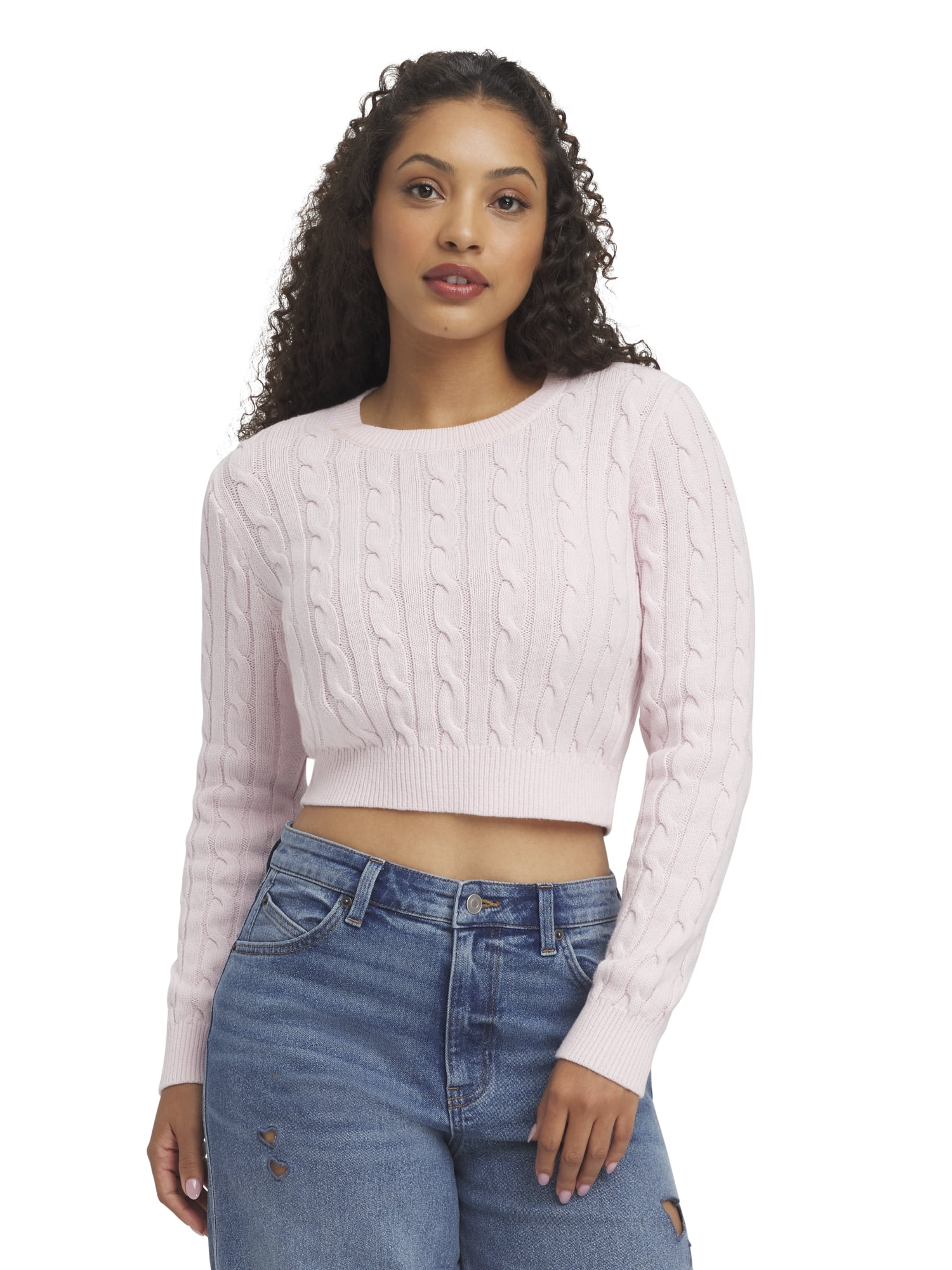 Mills by Millie Bobby Brown Women's Long Sleeve Crop Cable Sweater, Sizes XXS-XXL