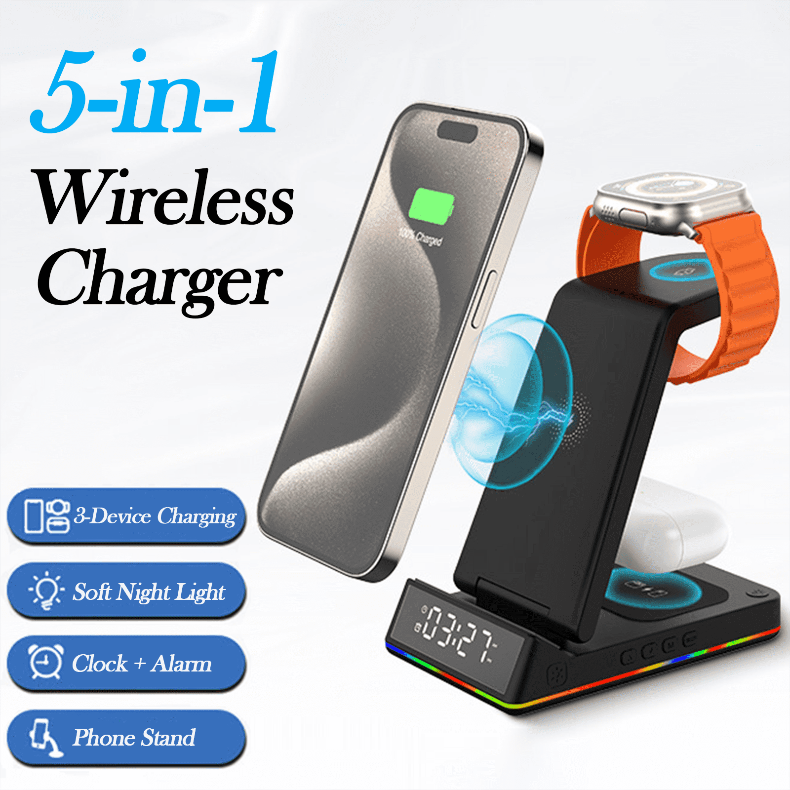 5-in-1 Wireless Charging Station - Fast 15W Qi Charger for iPhone, Apple Watch & AirPods - Foldable Design