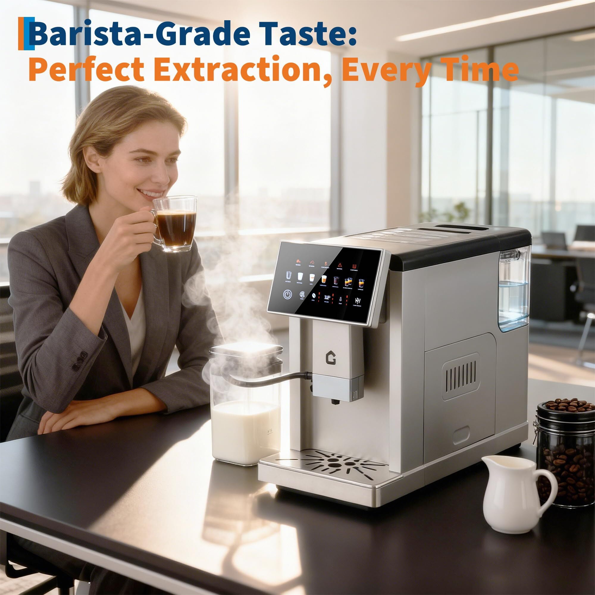 Garvee 6-IN-1 Automatic Coffee Maker with Grinder, Slim Espresso Maker for Home, Silver, New