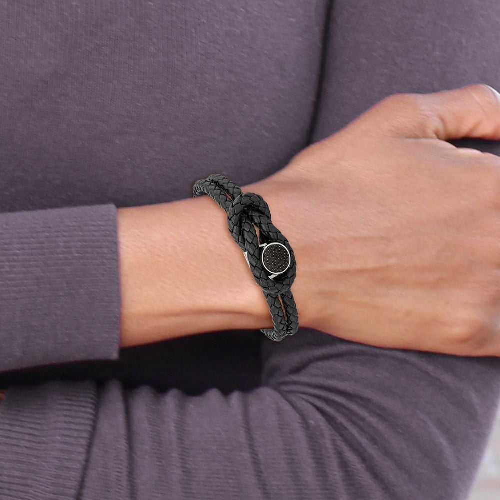 Diamond2Deal Stainless Steel Polished with Black Carbon Fiber Inlay Black Braided Leather Bracelet for Men 8.5"