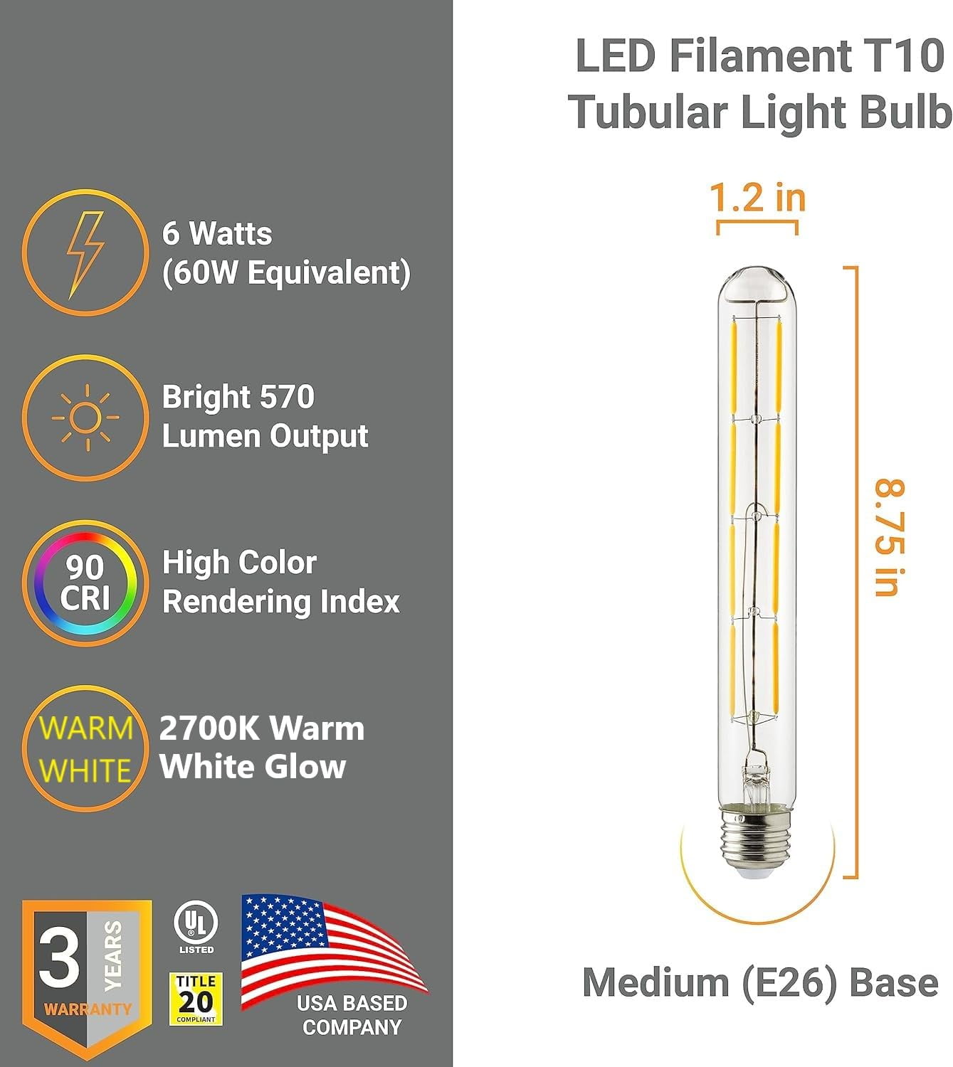 Diodesy- Pack of 5 T10/LED/FS/6W/927 T10 LED Tubular Light Bulb, Dimmable Edison Bulb, 6 Watts (60W Equivalent), 2700K Warm White, Clear Tube Glass E26 Base for Pendant Lights, Wall Sconces, Desk Lamp