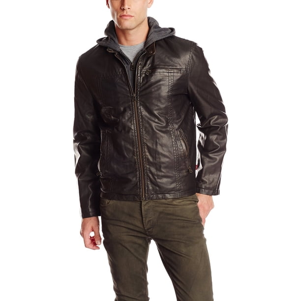 Men's Hooded Faux Leather Moto Jacket