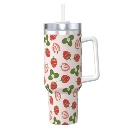 

Cauagu Strawberries And Leaf Print Stainless Steel Vacuum Insulated Tumbler 40oz Water Bottle with Handle & Flip Straw Reusable Travel Coffee Mug for Women & Men
