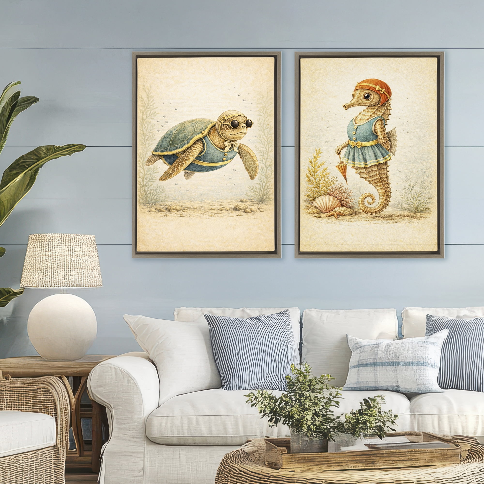Stupell Industries Vintage Maritime Bathing Animals 2 Piece Brown Framed Floater Canvas Set, design by Grotto Studios