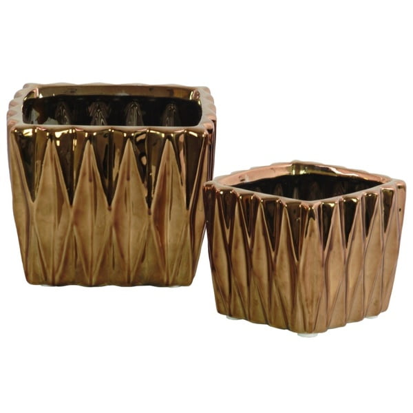 Vase Carré en Céramique avec Motif Triangle 3D, Ensemble de 2, Cuivre