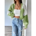 thumbnail image 5 of Women'S Color Block Open Front Long Sleeve Ribbed Knit Cropped Cardigan Sweaters Light Green S, 5 of 8