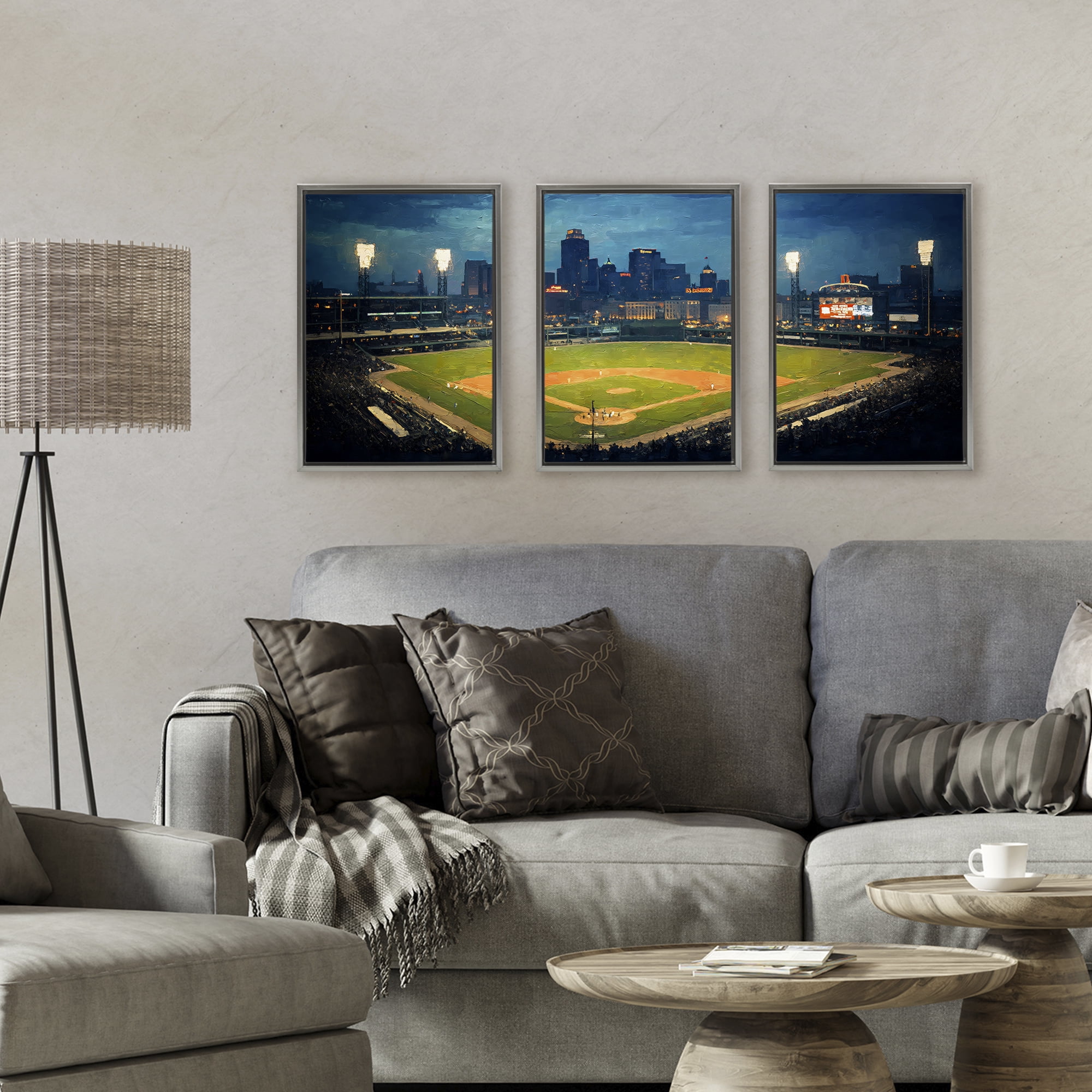 Stupell Industries Baseball Stadium Night View 3 Piece Gray Framed Floater Canvas Set, design by Arlington Prints