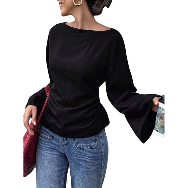 Camisas de Larga para Mujer, Tops Cortos de Otoño, Cuello , Mangas Acampanadas, Acanalados, con Cordones, Ropa Y2K Negro XXL
