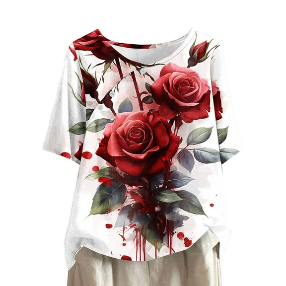 HaoXianJian Womens Shirt Short Sleeve Crew Neck Shirts Floral Print Top for Women 2025 Loose Fits T Shirt Summer Tee Shirts Going Out Top 3X 4X