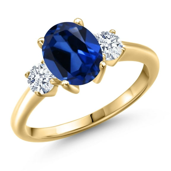 Gem Stone King 18K Yellow Gold Plated Silver Blue Created Sapphire and White Zirconia Engagement Ring for Women | 2.80 Cttw | Oval 9X7MM | Gemstone September Birthstone | Size 8