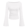 thumbnail image 4 of ZDNIXIAN Women Off Shoulder Long Sleeve Basic Tops Ribbed Knit Slim Fitted Blouse, Elegant Boat Neck Form Fitting Shirt, Stretchy Soft Casual Long Sleeve Tees, 4 of 6