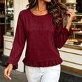 thumbnail image 7 of Womens Flounce Sleeve Blouses Crew Neck Loose Fit Elegant Casual Fall Long Ruffle Sleeve Office Shirt Wine 2XL, 7 of 7