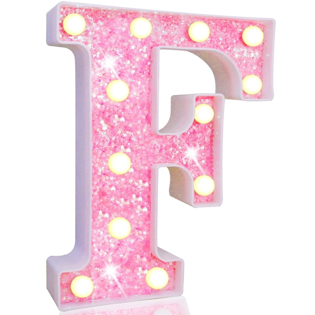 Letrero decorativo Pooqla LED con purpurina rosa, letra F, batería
