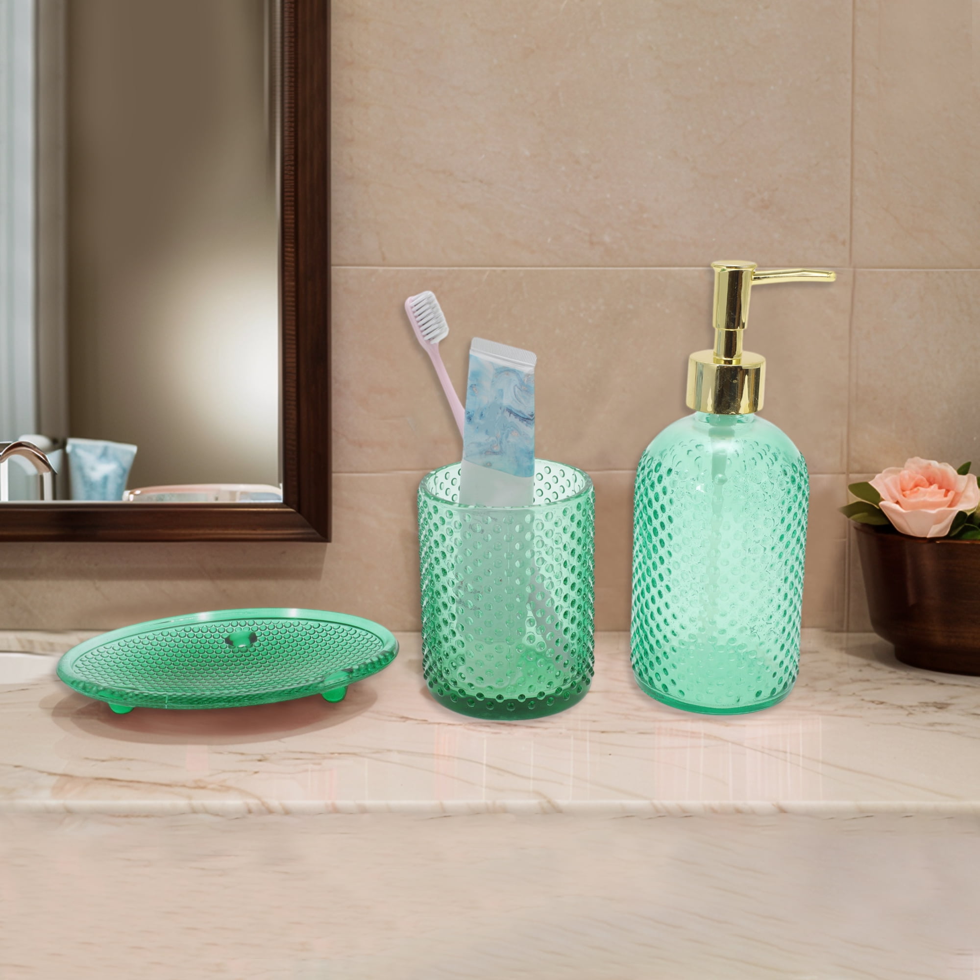 Unique Bargains 3 Pcs Reusable Dot Bathroom Accessories Kit Green