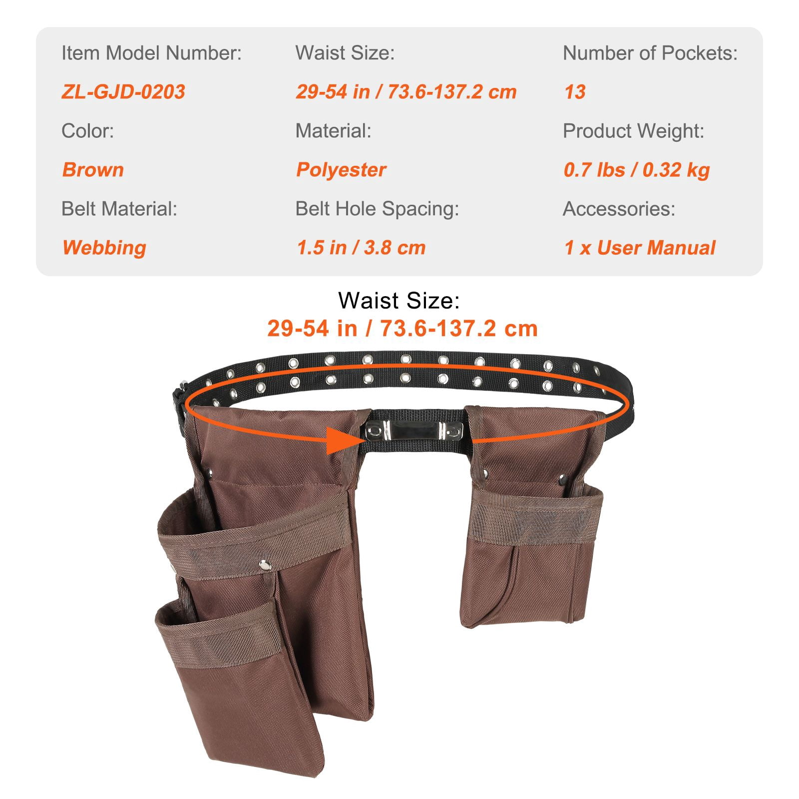 Polyester Tool Belt with Reinforced Stitching Rivets, Heavy Duty Adjustable Work Belt, Comfortable No-Itch Tool Pouch for DIY Construction Carpenter