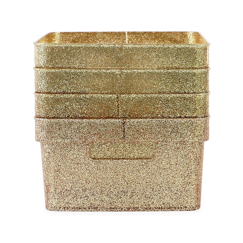Isaac Jacobs 4-Pack Small Gold Glitter Storage Bin Set with Cut-Out Handles, Plastic Organizers