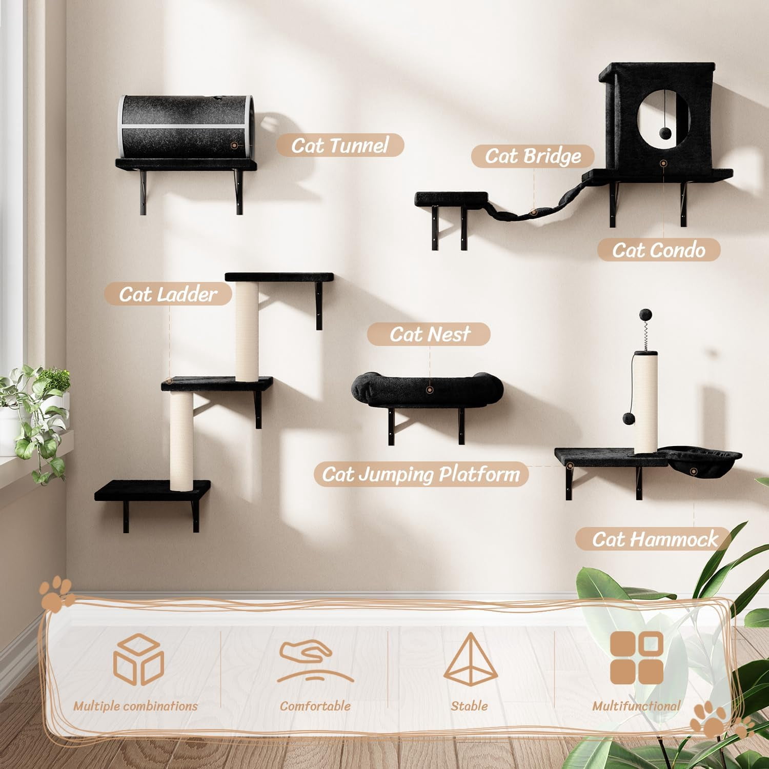 SONGMY 7-in-1 Wall Mounted Cat Climber Set, Cat Furniture Set with House, Bridge, Steps, Scratcher Post, DIY Playground, Cat Wall Shelves - Black