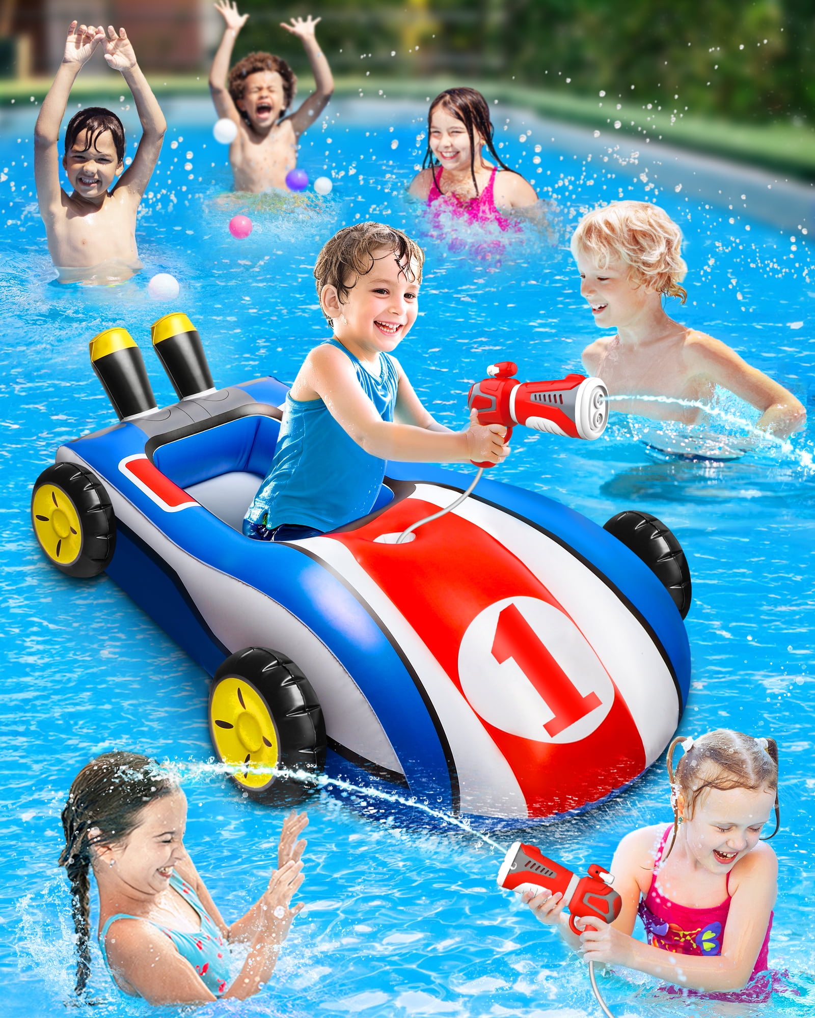 Hot Bee Inflatable Ride-on Pool Floats with Water Gun for Kids, Car Swimming Toys, Summer Outdoor Pool Game Toys for Ages 3-8, Toddler Pool Float Boys Girls 3 4 5 6+