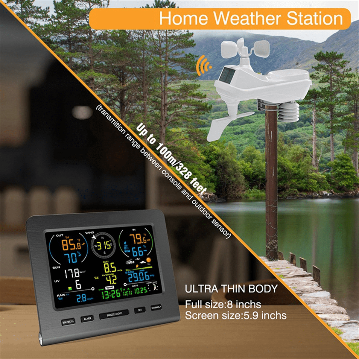 WiFi Weather Station with Remote Monitoring Indoor Outdoor Temperature Humidity Light Index Forecast US Plug