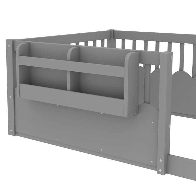 Twin Size Floor Bed with Heightened Fence, Kids Platform Bed Frame with No Slat, Montessori Storage Bed with Bookshelf
