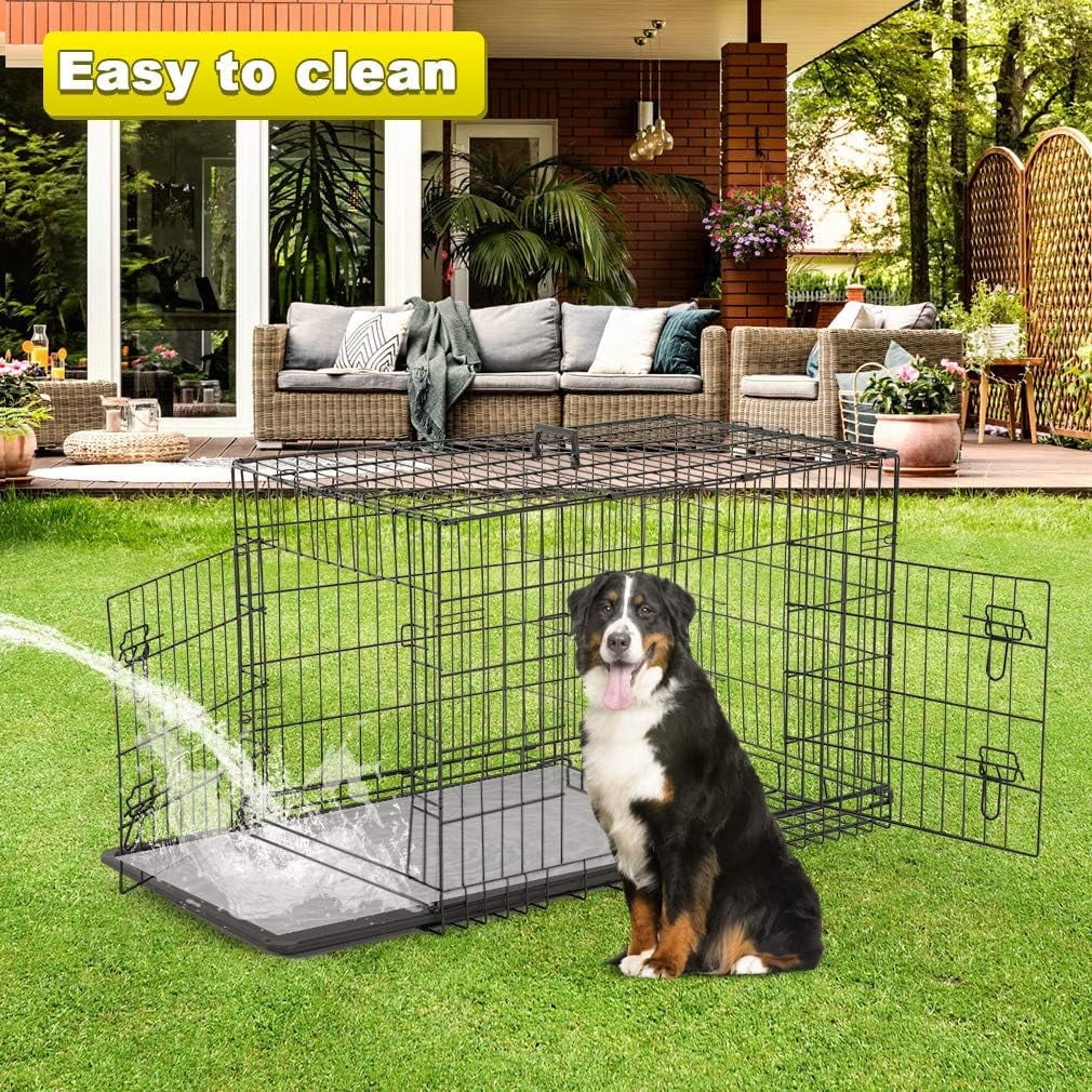 BestPet Large Dog Crate, 30in, Metal Wire, Double Door, Folding, Plastic Tray, Handle, Black
