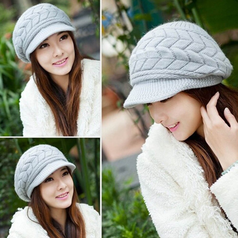 Women Winter Warm Knit Hat Wool Snow Ski Cap With Visor  display picture 2