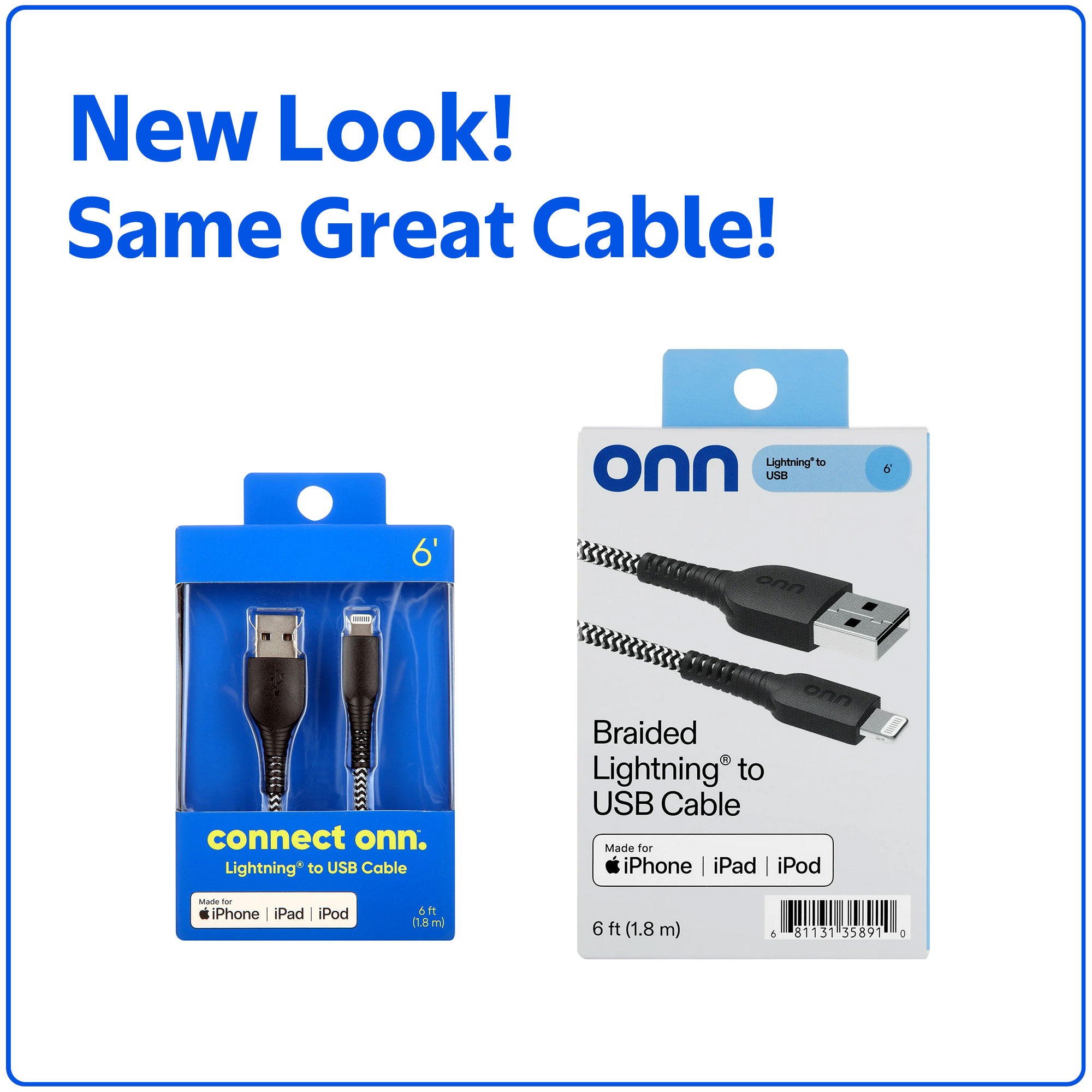 Onn Lightning to USB-A Braided Cable, 6 Ft, MFI Certified, Black photo 2