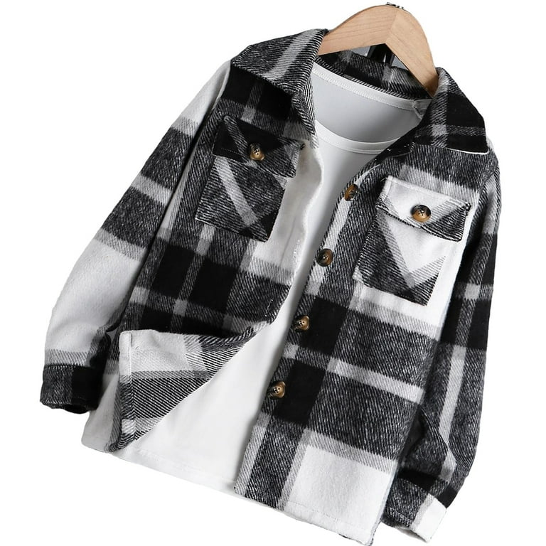 Casual Plaid Print Collar Shacket Long Sleeve Black and White Boys Coats Boy s