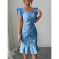 thumbnail image 5 of Elegant Jacquard Commuter Dress, Summer Floral Square Neck Knee-Length Dress for Women, 5 of 10