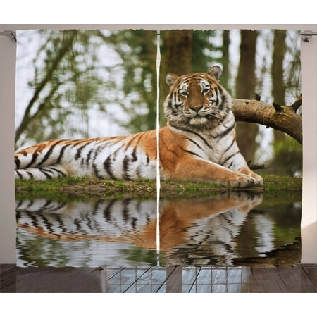 Tiger Curtains 2 Panels Set, Beast of Siberia Resting on a Warm Day on a Lake with its Reflection Altaica Mammal, Window Drapes for Living Room Bedroom, 108W X 84L Inches, Pale Brown, by Ambesonne