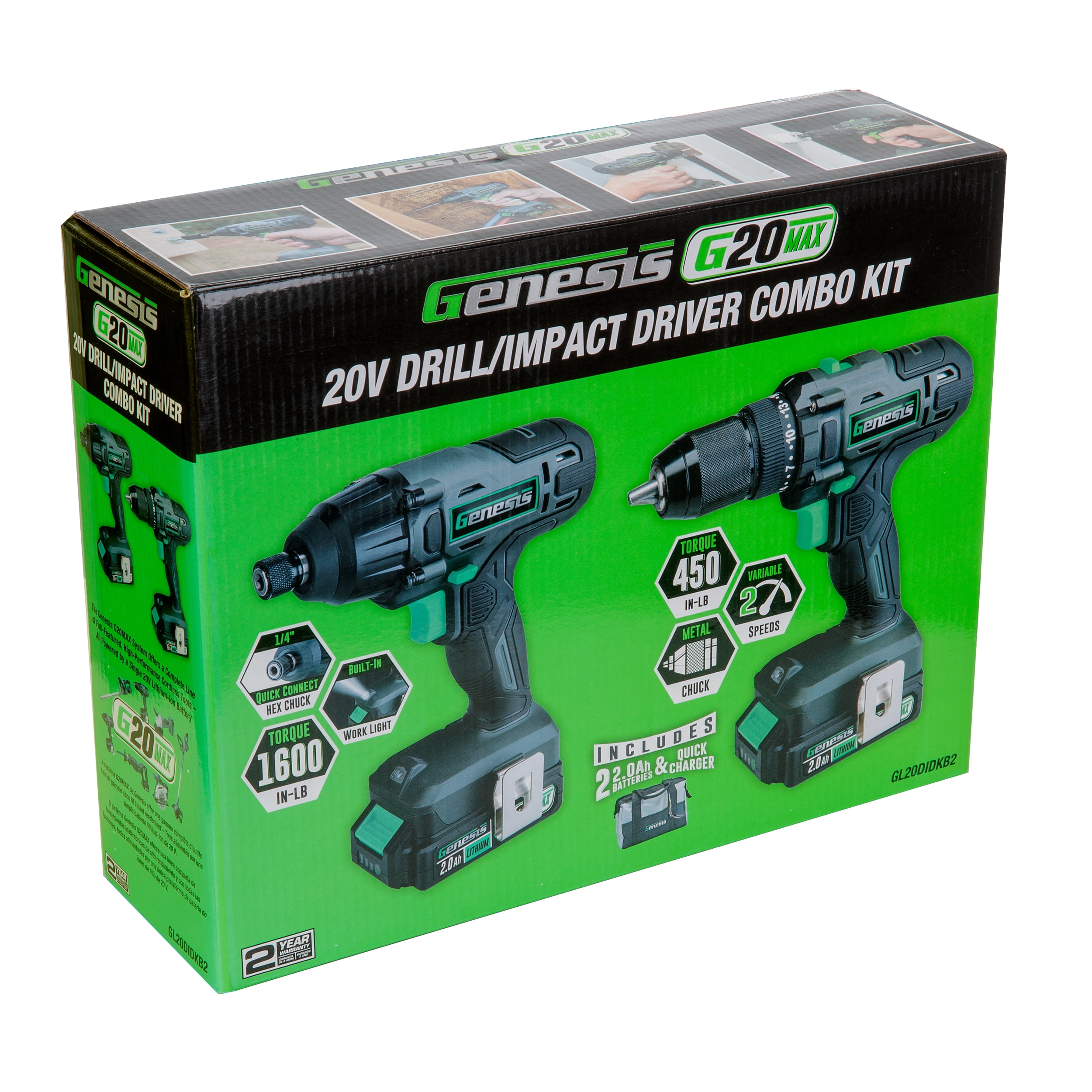 Genesis G20MAX 20V Cordless 2-Speed Drill Driver/Impact Driver Combo Kit with 2 batteries, Quick Charger, 1600 in-lbs driver torque, 450 in-lbs drill torque GL20DIDKB2