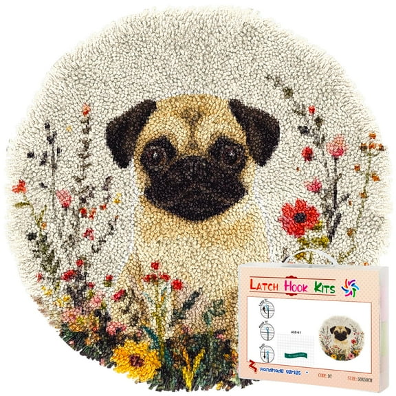 Latch Hook Rug Kit Cute Pug Dog in Color Flowers Stamped Handmade Round Shape Carpet Crochet Yarn Craft DIY Hook and Latch Door Mat Tapestry for Christmas Home Floor Decor 50x50cm(7)