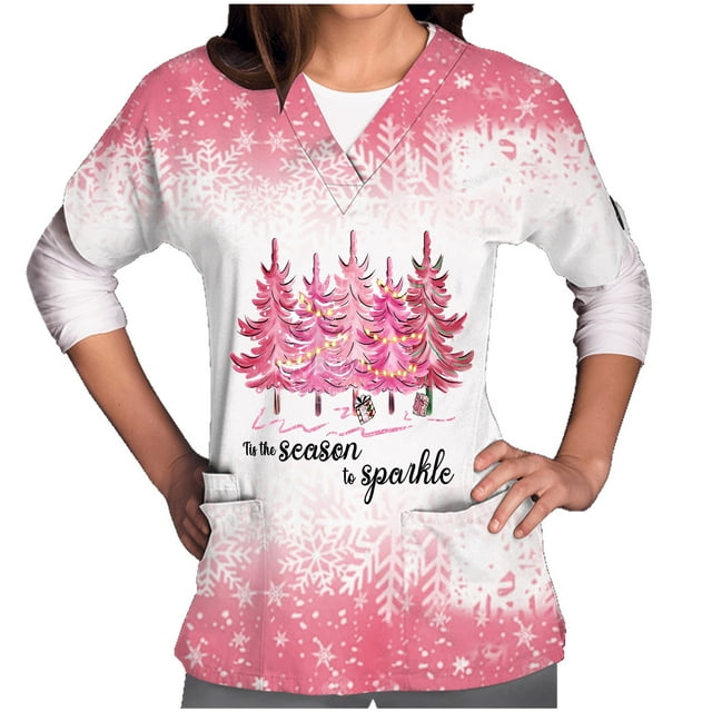LSLJS Women Short Sleeve V-neck Tops Uniform Christmas Tree Printed Pockets Blouse Nursing, Christmas Scrub Tops