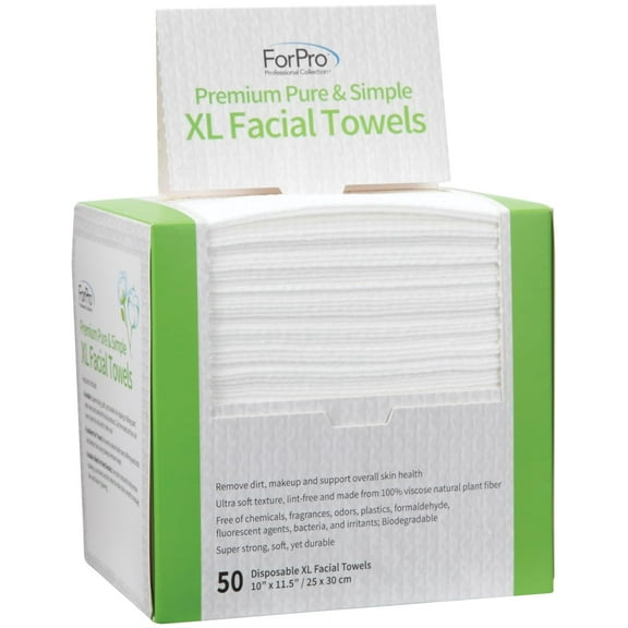 ForPro Premium Pure & Simple XL Facial Towels, Disposable Makeup Remover Dry Wipes, Ultra Soft Lint-Free Biodegradable Face Towels, 100% Vegan & Cruelty-Free, 50-Count