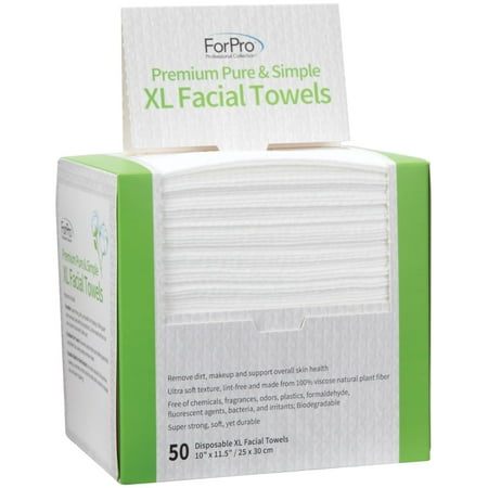 ForPro Premium Pure & Simple XL Facial Towels, Disposable Makeup Remover Dry Wipes, Ultra Soft Lint-Free Biodegradable Face Towels, 100% Vegan & Cruelty-Free, 50-Count