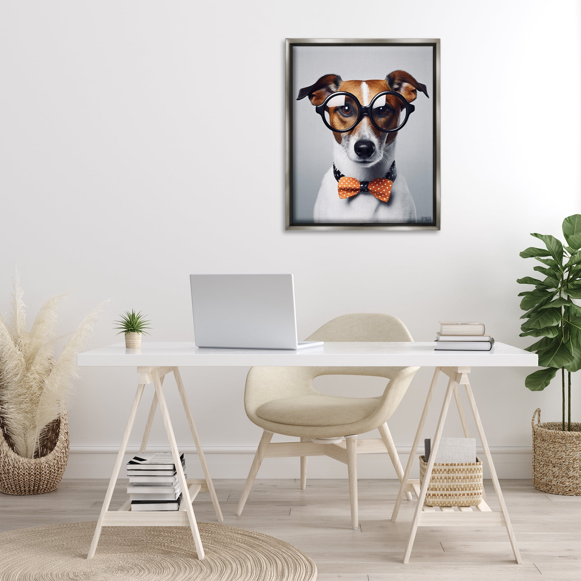 Stupell Industries Hipster Bowtie Dog Animals & Insects Painting Gray Floater Framed Canvas Art Print Wall Art, 25 x 31
