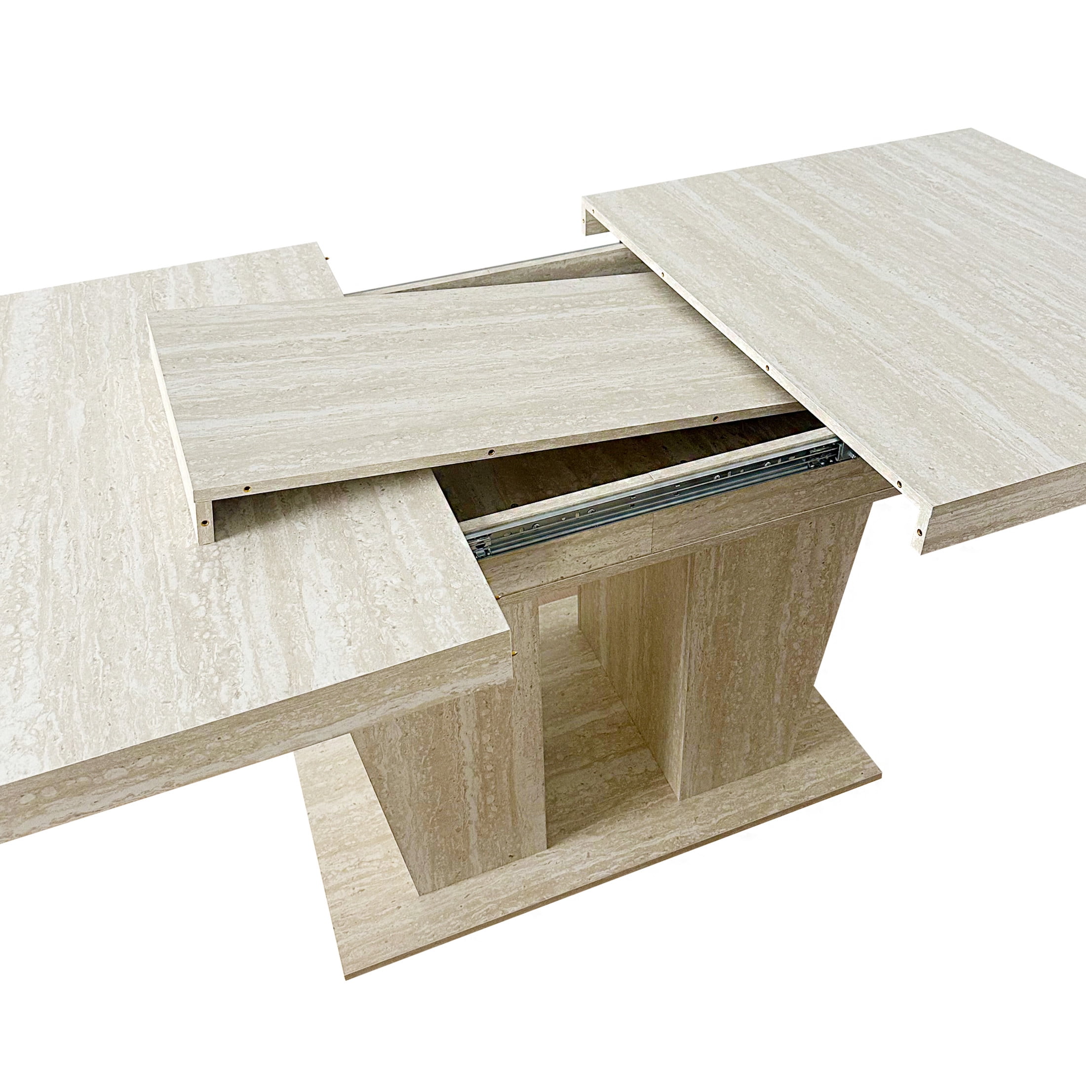 Noble House Brivaro 78.74" Extendable Dining Table, Large Wooden Dual Column Pedestal Table for 6-10, Beige