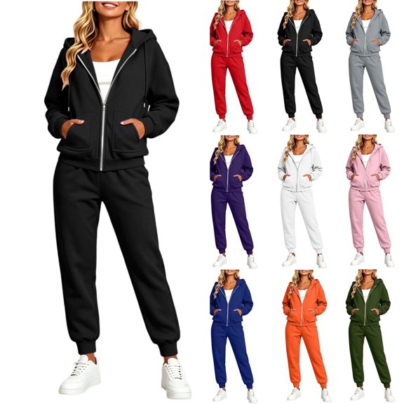 Jerdar Womens Matching Sweatsuit Zip Up Hoodie Jogger Pants Oversized Drop Shoulder Side Pockets Casual Workout Lounge Fall Winter Outfits L