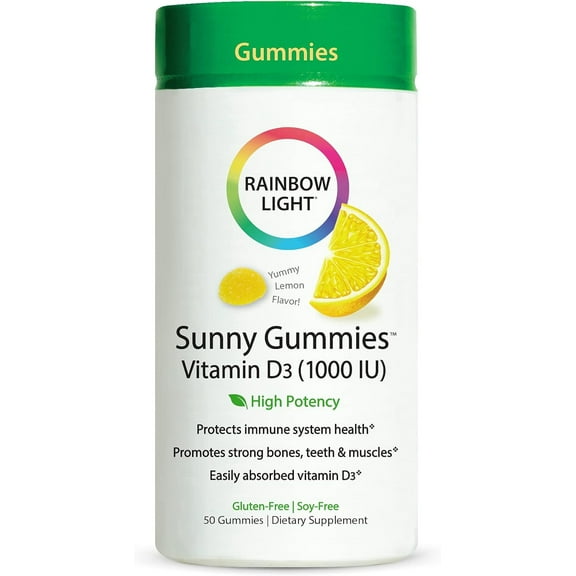 Sunny Gummies Vitamin D3 1000 IU | Sour Lemon Flavor | 50 Gummies | by Rainbow Light