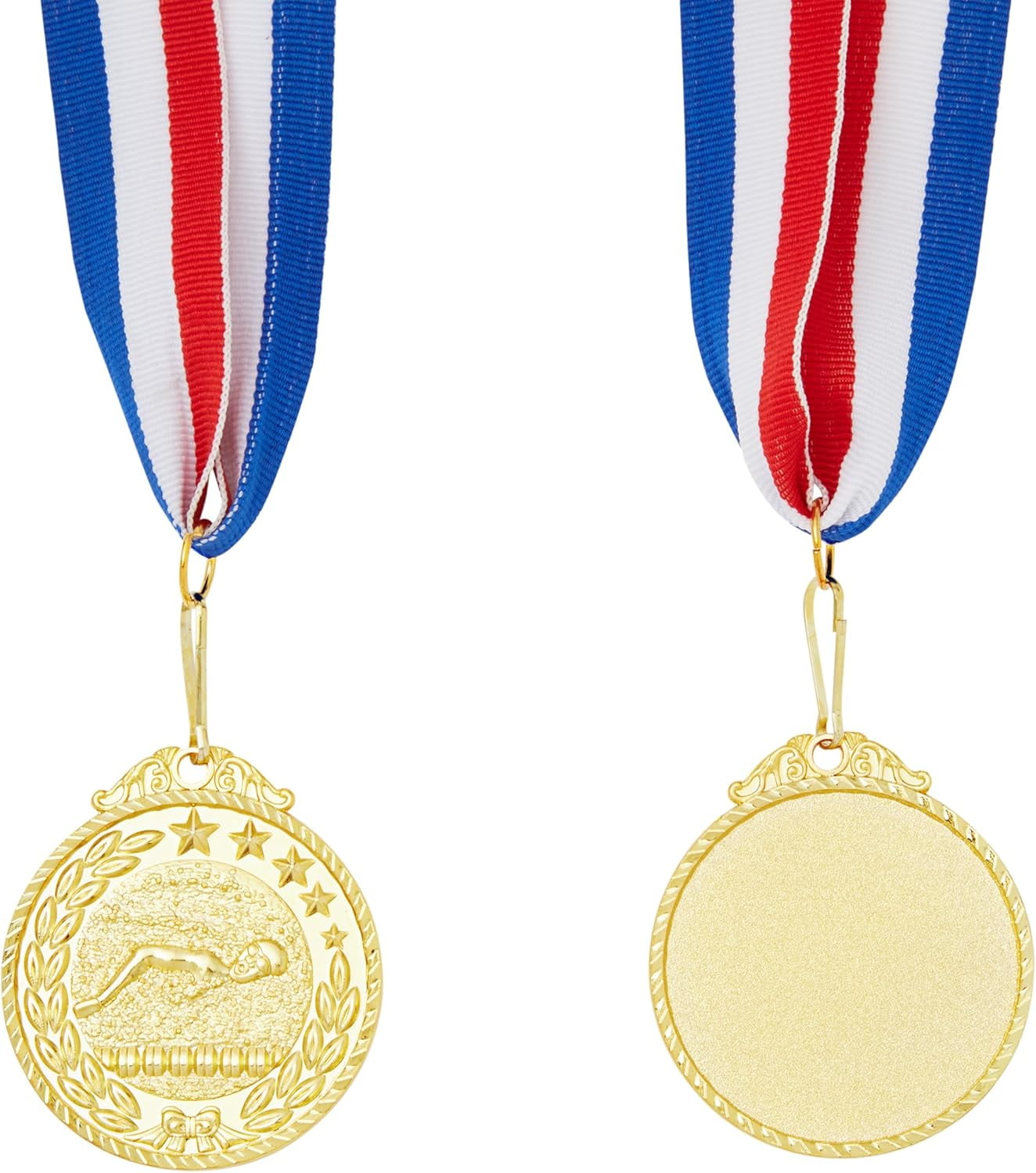 12 Pack Award Medals for Adults - Team Participation Trophies with Red, White, and Blue Striped Ribbon, Sports Themed Party Favors (2 in, Metal, Gold)