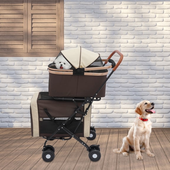 Dual Tier Foldable Pet Stroller for Small & Medium Dogs & Cats Breathable Mesh 77lbs Capacity 46*58*97cm for Traveling With Pets, Shopping