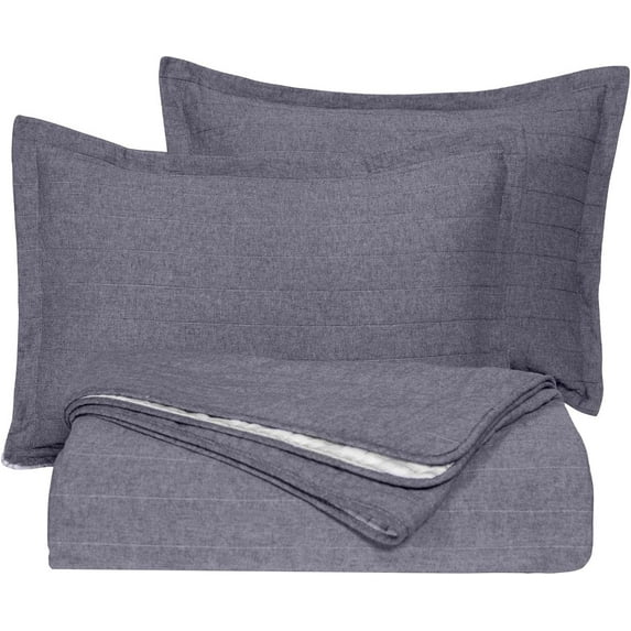 Chezmoi Collection 3-Piece Light Denim Cotton Yarn Dyed Chambray Bedding Quilt Set Queen - Reversible Chalk Stripe Pre-Washed Cotton Coverlet Set Queen Size