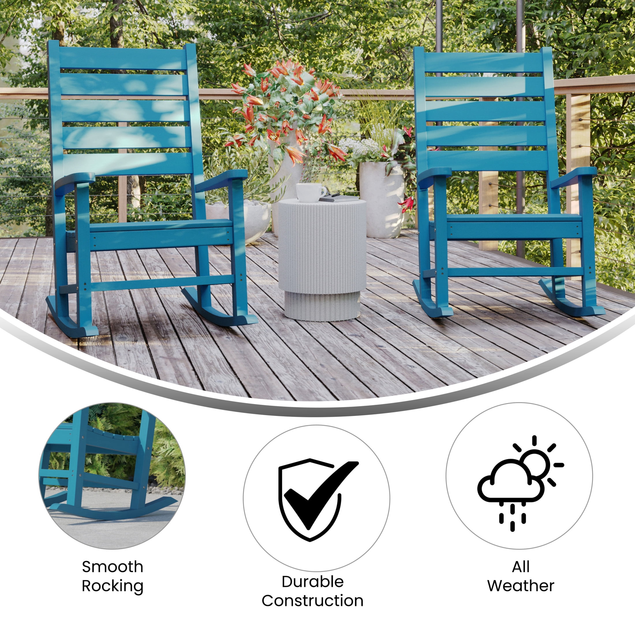 Flash Furniture Manchester Set of 2 Contemporary Rocking Chairs, All-Weather HDPE Indoor/Outdoor Rockers in Blue